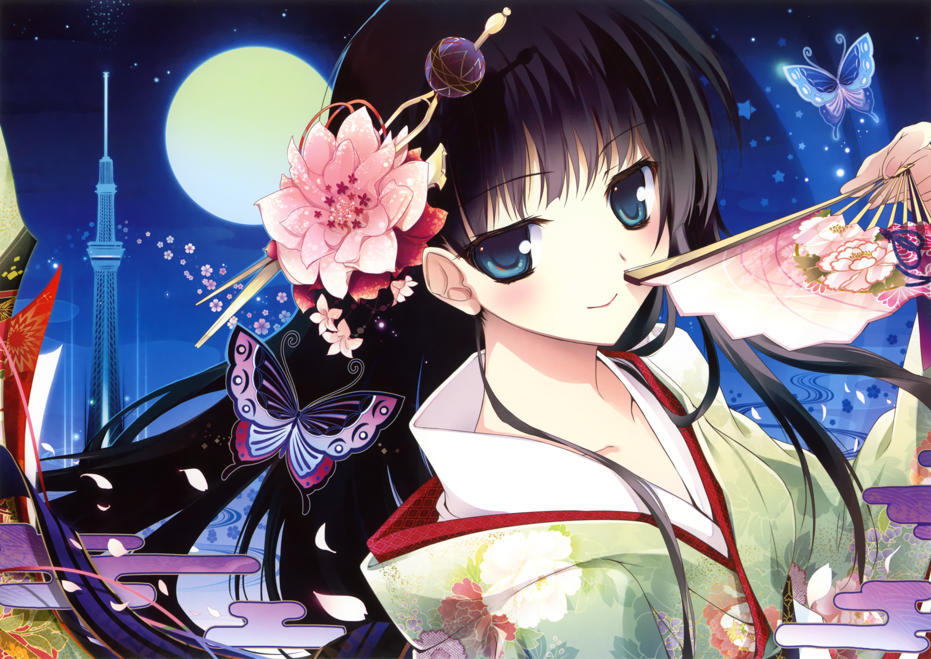 Anime-style girl with long black hair, blue eyes, and a blush, wearing a floral kimono and holding a fan, surrounded by butterflies and a glowing moon in a 4K Ultra HD background.