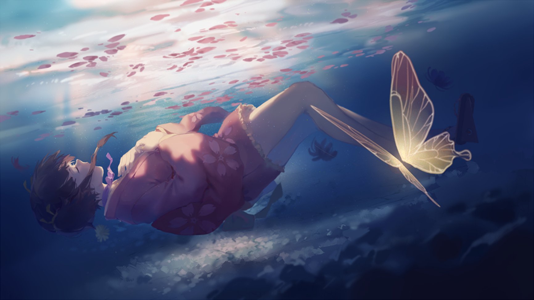 HD anime wallpaper featuring Mumei from Kabaneri of the Iron Fortress with short hair submerged underwater, surrounded by a glowing butterfly and serene aquatic environment.