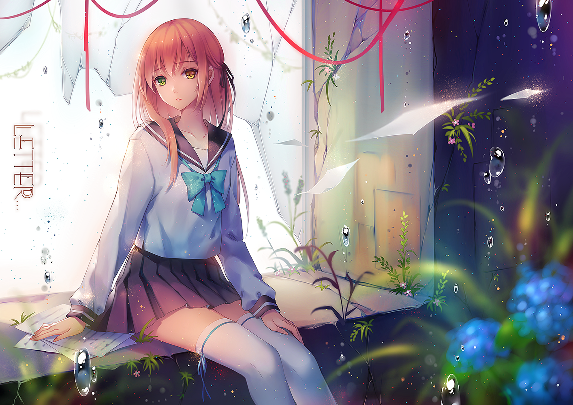 HD anime wallpaper featuring a pink-haired girl in a school uniform with thigh highs, sitting near a window with plants and bubbles around her.