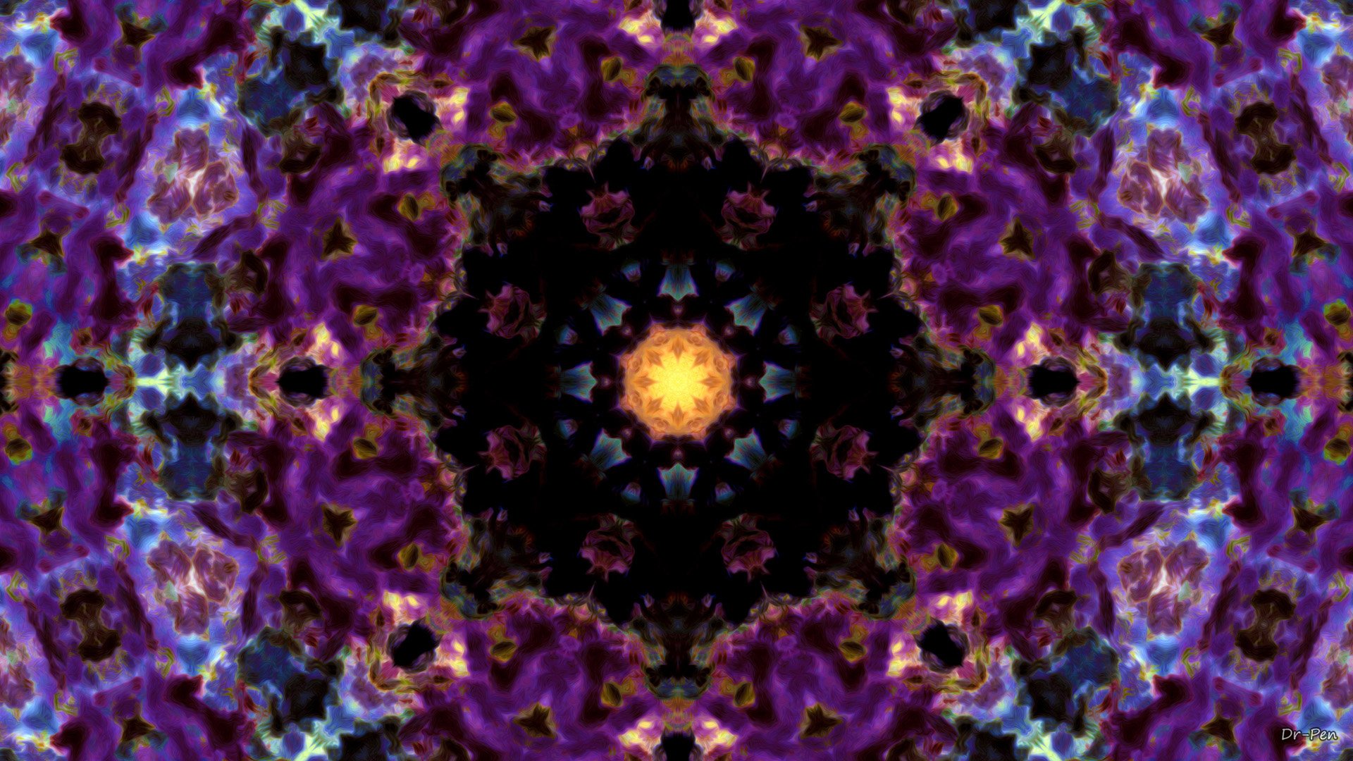 Abstract mandala pattern in vivid purples and blues with a glowing amber center, digital manipulation forming symmetrical floral shapes — HD PC desktop wallpaper background.