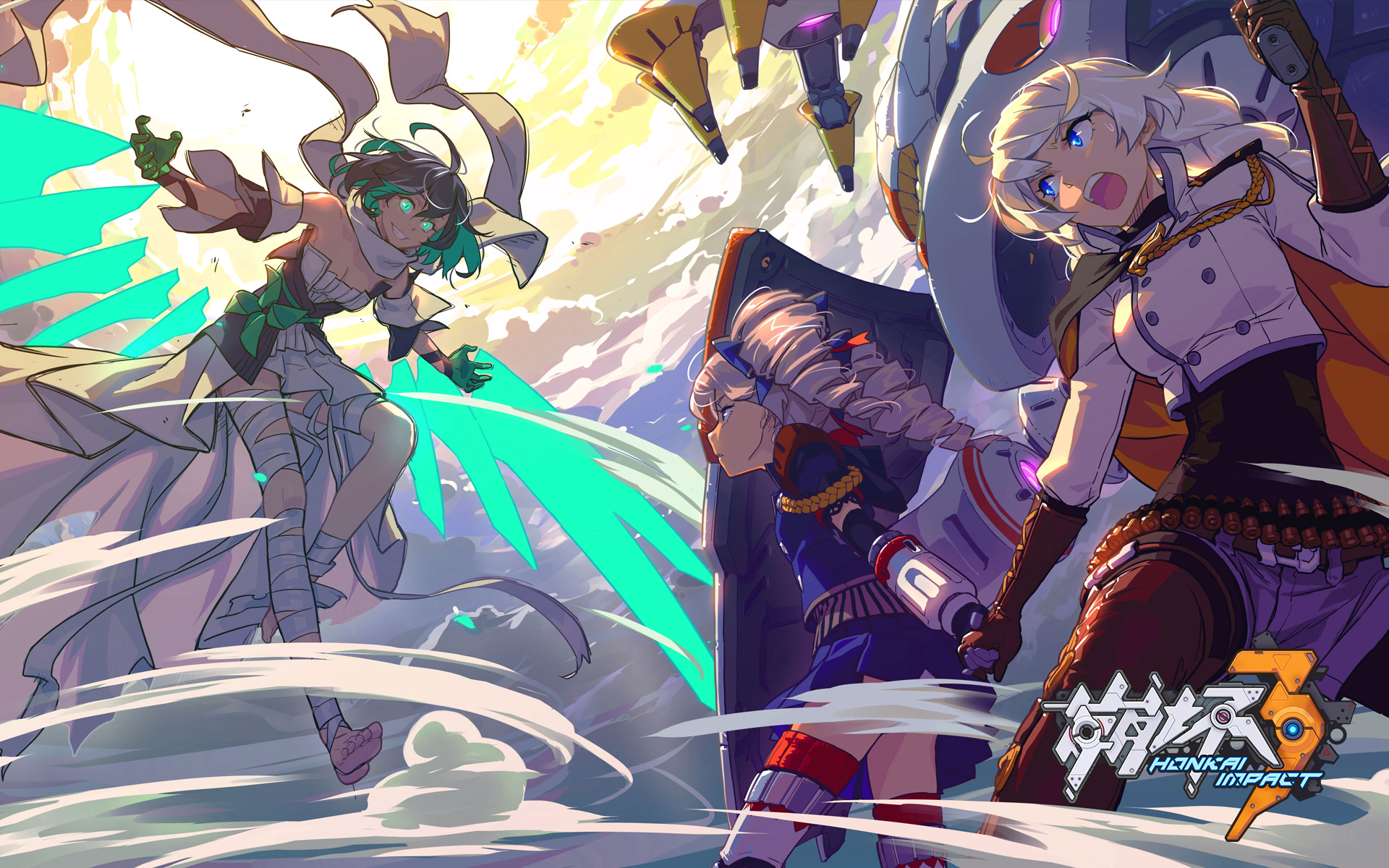 HD PC desktop wallpaper featuring anime characters Kiana Kaslana and Bronya Zaychik from Benghuai Xueyuan in a dynamic, vibrant action scene.