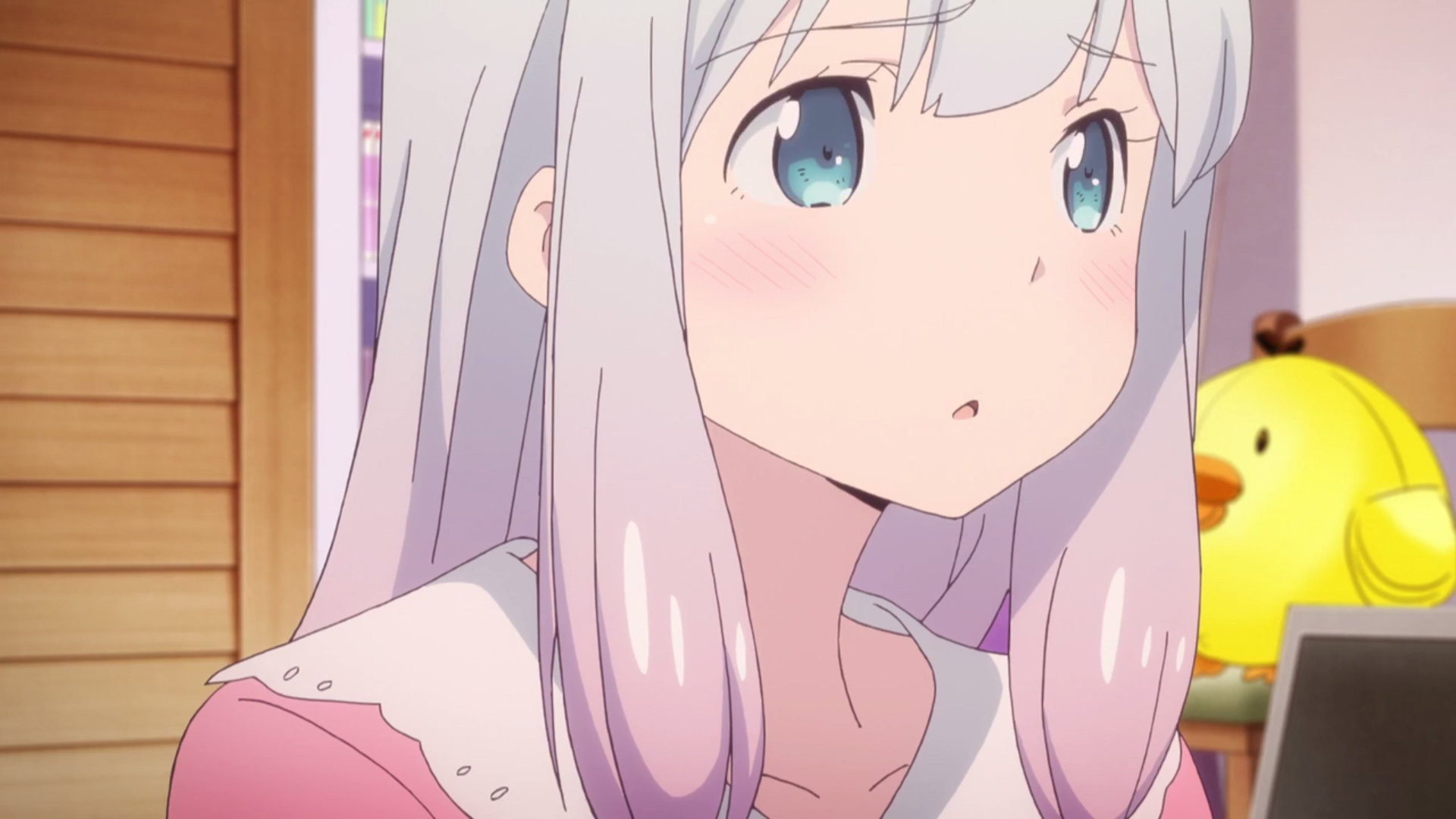 HD anime desktop wallpaper featuring Sagiri Izumi from EroManga-Sensei, showcasing her detailed expression and soft pastel tones.