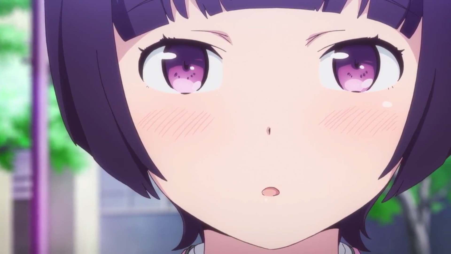 Close-up of Senju Muramasa from EroManga-Sensei featuring her purple hair and violet eyes, captured in an HD anime desktop wallpaper.