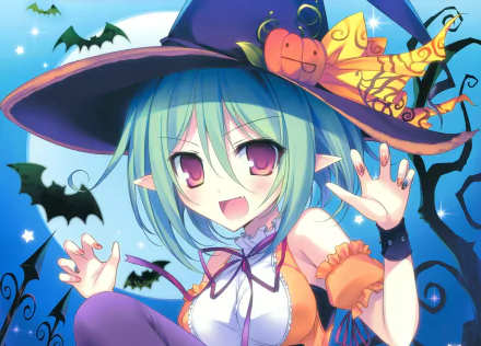 Anime-style character with green short hair, red eyes, and pointed ears wearing a large hat adorned with pumpkins and a bow, smiling against a night sky with bats.