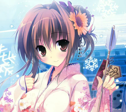 4K Ultra HD anime wallpaper of an original short brown-haired, brown-eyed girl smiling with a blush, flower hair accessory and snowflake motifs, holding a decorative charm.