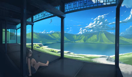 Anime-style HD desktop wallpaper depicting a serene lake and lush green mountains under a bright blue sky with clouds, viewed from inside a shaded pavilion.
