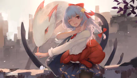 Anime girl with long white hair and red eyes in a school uniform, posing with a large white beast, set against a muted cityscape background in HD.