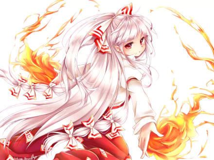 HD anime wallpaper featuring Fujiwara no Mokou from Touhou, depicted with flowing white hair and fiery flames surrounding her.