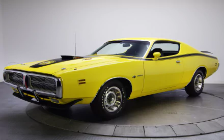 Yellow Dodge Super Bee muscle vehicle (Dodge Charger) in studio, 4K Ultra HD PC desktop wallpaper background.