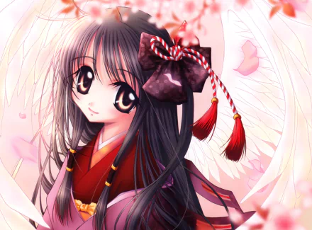 brown eyes blush smile cherry blossom bow (Clothing) black hair long hair wings kimono Anime angel anime angel HD Desktop Wallpaper | Background Image