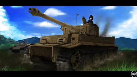 HD PC desktop wallpaper featuring Maho Nishizumi from the anime Girls und Panzer, depicted riding a detailed tank in a vibrant outdoor setting.