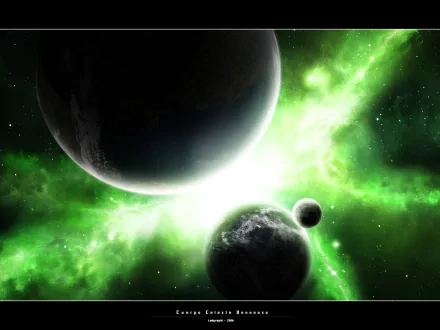 HD sci-fi desktop wallpaper depicting a cosmic explosion with glowing green nebulae and several planets illuminated by bright interstellar light.