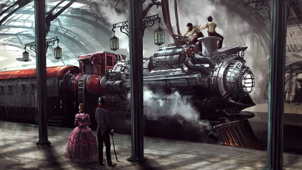 Steampunk-themed HD wallpaper of a train station with a futuristic locomotive, people in vintage attire, and a sci-fi ambiance.