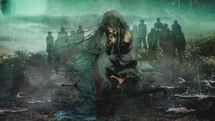 A somber HD wallpaper featuring Hatsune Miku from Vocaloid, with long hair and tears, kneeling in the rain with silhouetted figures in the background. The scene is imbued with a melancholic atmosphere.