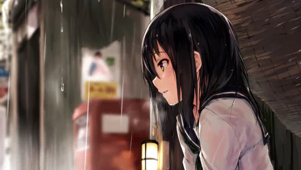 An anime girl in a school uniform shelters from the rain under a roof, with raindrops falling around her. The background features a softly blurred scene and a glowing lantern. HD desktop wallpaper.