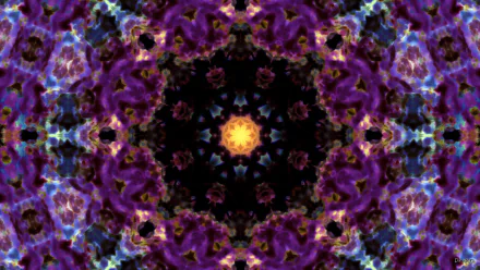 Abstract mandala pattern in vivid purples and blues with a glowing amber center, digital manipulation forming symmetrical floral shapes — HD PC desktop wallpaper background.