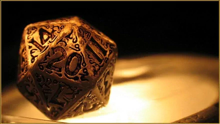 HD desktop wallpaper featuring a close-up of an intricately designed D20 dice with detailed carvings, illuminated by a soft, warm light.