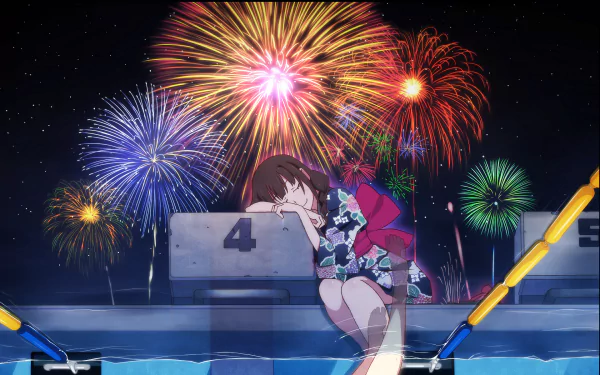 Anime scene from Uchiage Hanabi, Shita kara Miru ka? Yoko kara Miru ka? featuring a girl resting on a pool lane marker with colorful fireworks illuminating the night sky. HD desktop wallpaper background.