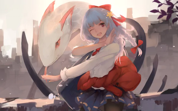 Anime girl with long white hair and red eyes in a school uniform, posing with a large white beast, set against a muted cityscape background in HD.