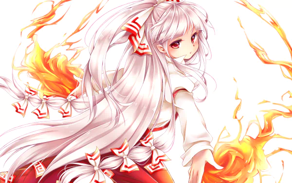 HD anime wallpaper featuring Fujiwara no Mokou from Touhou, depicted with flowing white hair and fiery flames surrounding her.