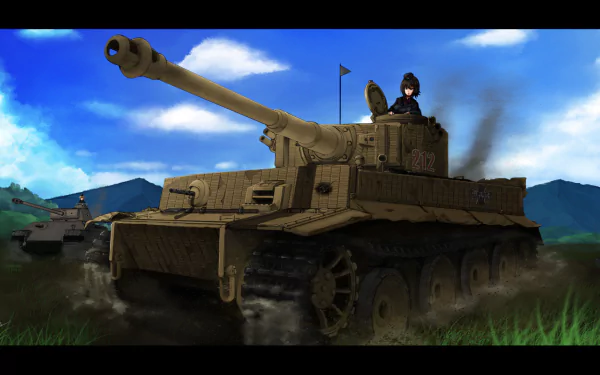 HD PC desktop wallpaper featuring Maho Nishizumi from the anime Girls und Panzer, depicted riding a detailed tank in a vibrant outdoor setting.