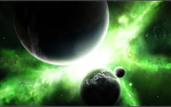 HD sci-fi desktop wallpaper depicting a cosmic explosion with glowing green nebulae and several planets illuminated by bright interstellar light.