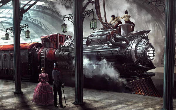 Steampunk-themed HD wallpaper of a train station with a futuristic locomotive, people in vintage attire, and a sci-fi ambiance.