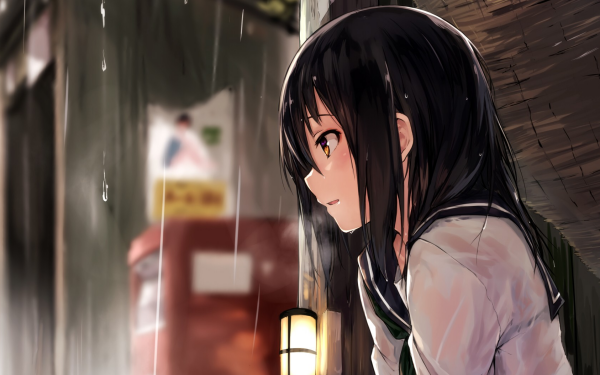 Anime Girl Rain Raindrops School Uniform HD Wallpaper | Background Image