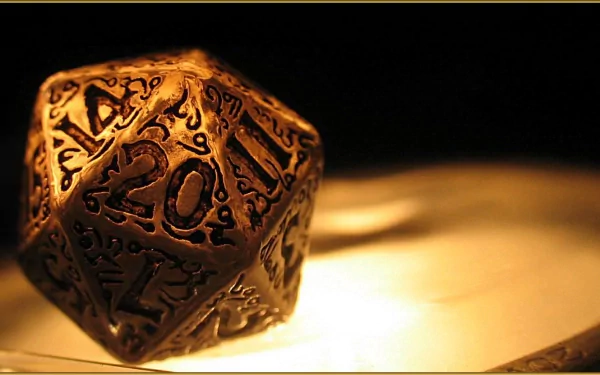 HD desktop wallpaper featuring a close-up of an intricately designed D20 dice with detailed carvings, illuminated by a soft, warm light.