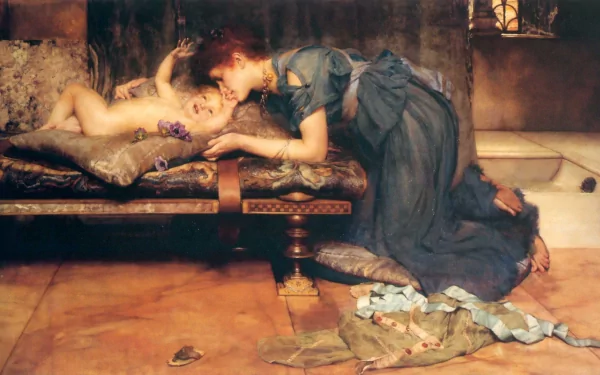 A serene artistic painting depicting a woman tenderly interacting with a child on a couch, set in a warmly lit room. This HD wallpaper adds a touch of elegance to any background.