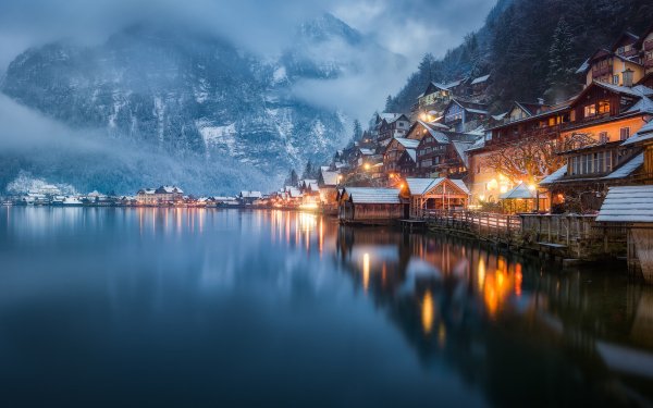 Man Made Hallstatt Towns Austria Mountain Lake Fog Evening House Reflection Winter HD Wallpaper | Background Image