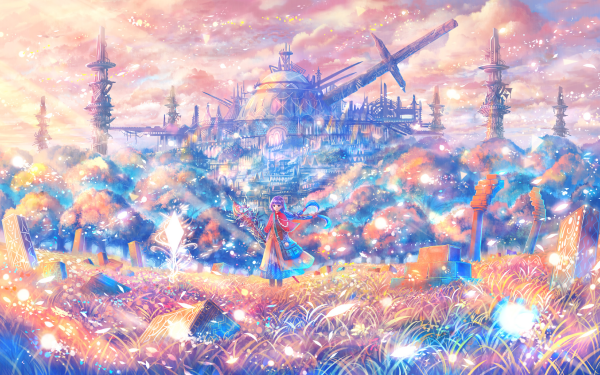 Anime Original Braid Building Purple Hair Tree Staff Sword Colorful Grass Cloud HD Wallpaper | Background Image