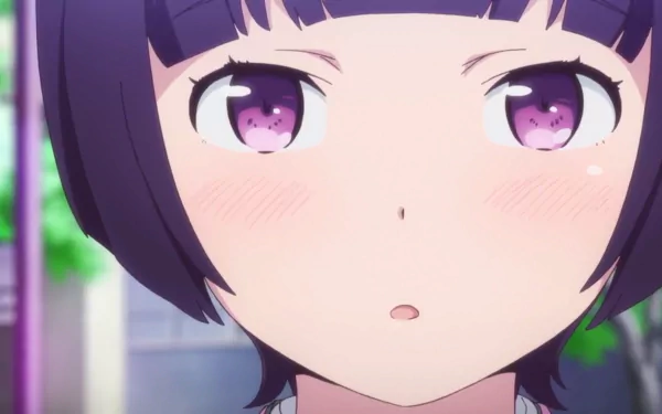 Close-up of Senju Muramasa from EroManga-Sensei featuring her purple hair and violet eyes, captured in an HD anime desktop wallpaper.