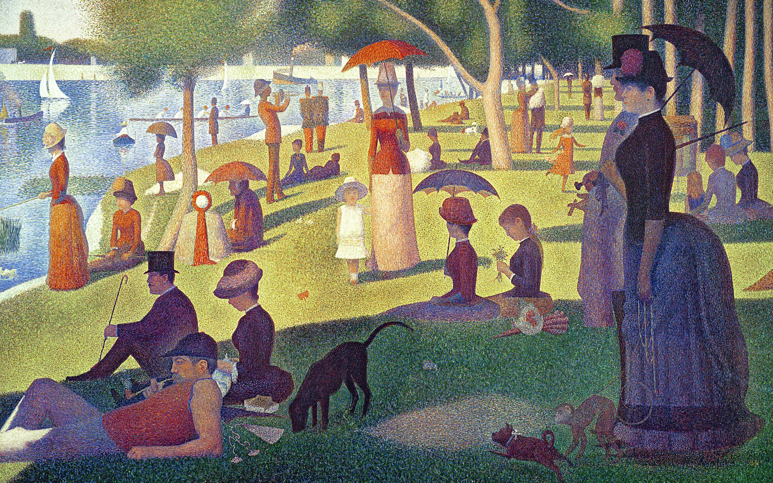 A scenic painting by Seurat: A Sunday Afternoon on the Island of La Grande Jatte.