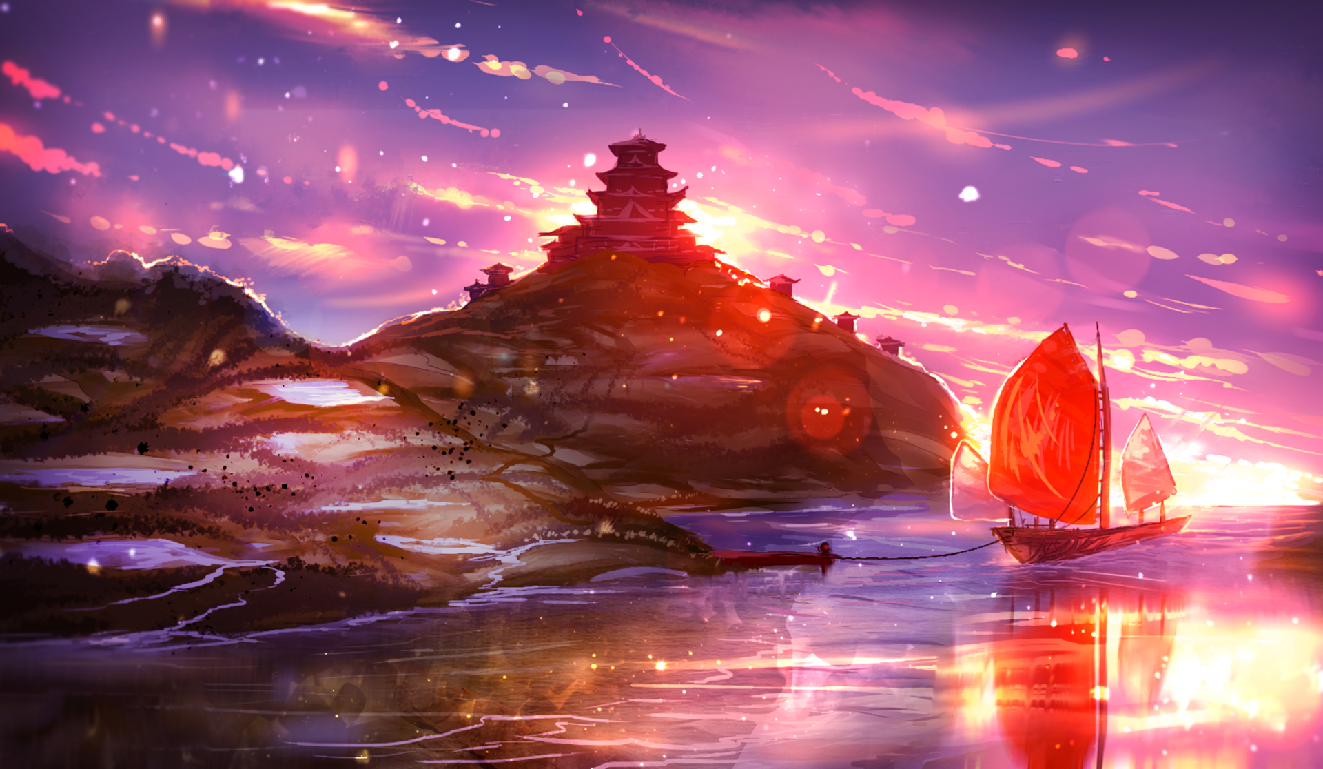 Anime-style HD wallpaper depicting a serene sunset over the sea, with a shrine atop a hill and a ship with red sails on the tranquil water. The sky is bathed in vibrant colors, adding a magical ambiance.