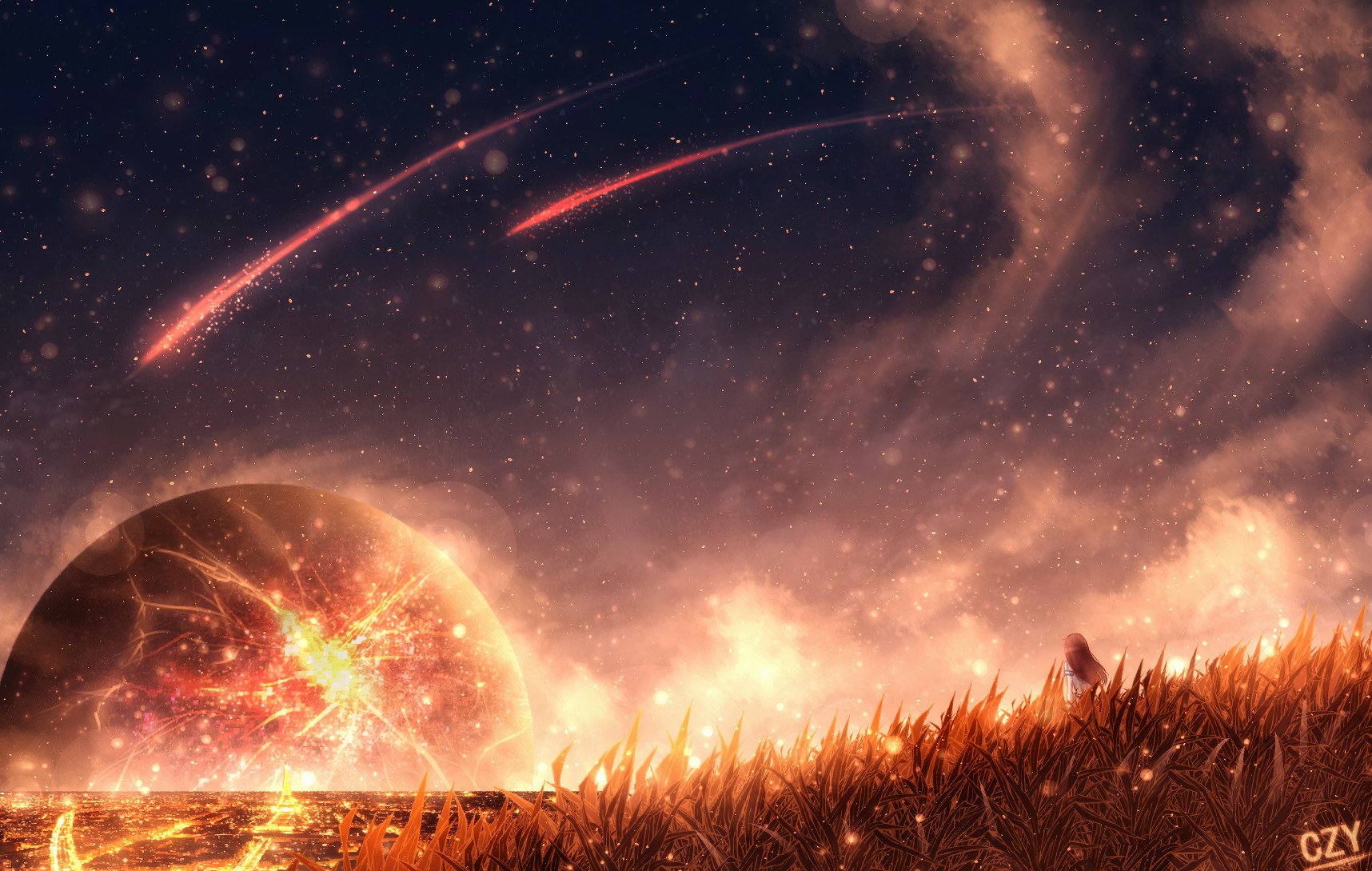 Anime-style HD wallpaper showing a mesmerizing scene of a grassy field under a dark sky, featuring a glowing planet, a comet, and stars.