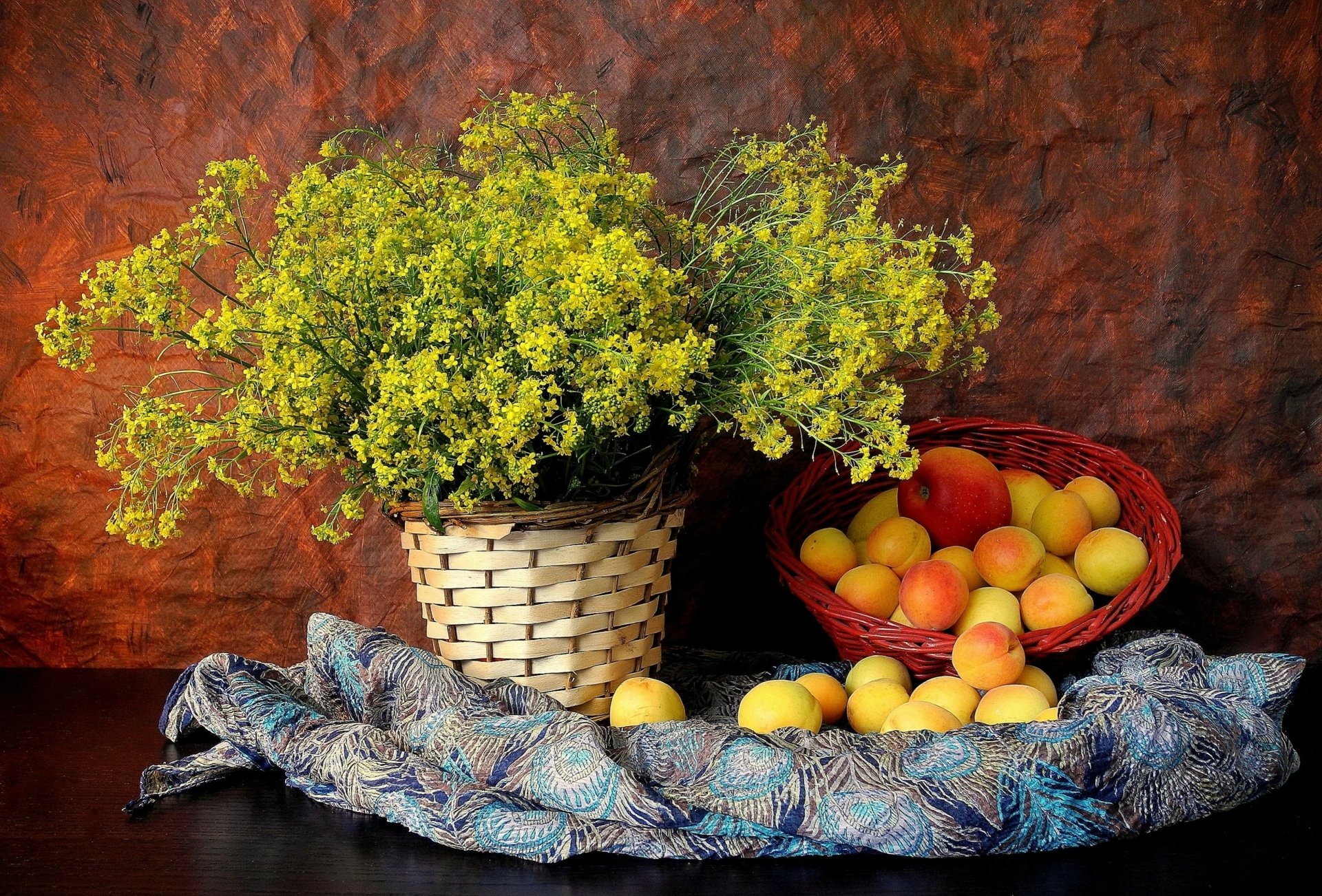 Download Yellow Flower Nectarine Peach Fruit Scarf Basket Flower Photography Still Life HD Wallpaper