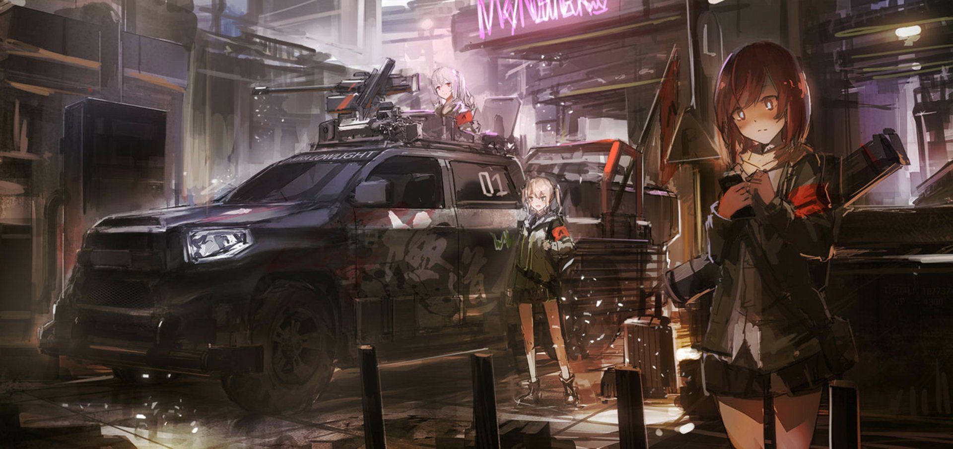 Anime-style HD desktop wallpaper featuring armored vehicle with mounted machine gun and two characters, one with white hair and one with blonde hair, in a futuristic urban setting.