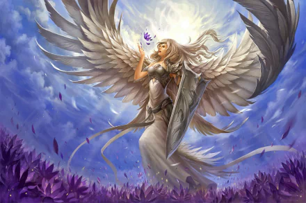 HD desktop wallpaper featuring a fantasy angel warrior with white long hair, holding a shield and a purple flower. The angel has majestic wings and stands in a field of purple flowers against a cloudy sky.