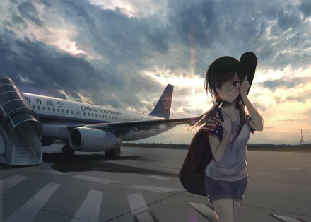 Anime-style HD desktop wallpaper featuring a black-haired girl holding a guitar case by an airplane under a cloudy sky illuminated by soft sunlight.