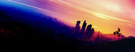 Los Santos city sky biker bike skyscraper video game Grand Theft Auto V HD Desktop Wallpaper | Background Image