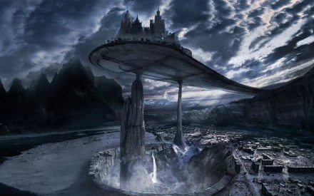 A dramatic fantasy landscape featuring a gray mountain under dark clouds, with an elevated city perched above a river, creating a captivating and mysterious atmosphere.