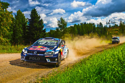 A race car kicks up dust while speeding on a dirt road during a rally race, surrounded by greenery and a vibrant blue sky. This HD desktop wallpaper captures the thrill and excitement of rallying sports.