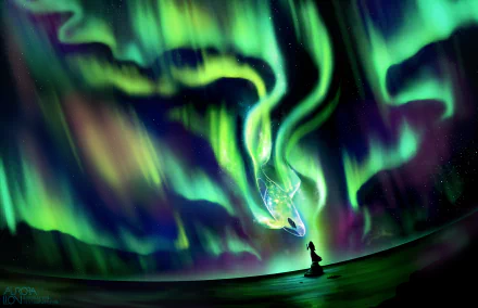 Anime-style fantasy HD desktop wallpaper depicting a glowing whale soaring beneath vibrant aurora borealis lights over a silhouetted figure on a dark landscape.