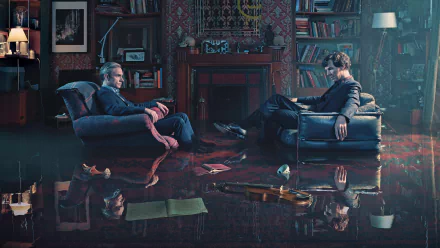 HD desktop wallpaper featuring Martin Freeman as Dr. Watson and Benedict Cumberbatch as Sherlock Holmes in the TV show Sherlock. They are seated in a living room, with reflections in a polished floor.