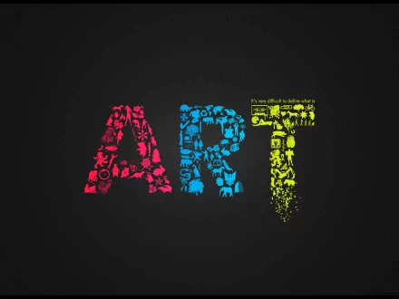 A vibrant HD desktop wallpaper features the word ART crafted from colorful icons and imagery, set against a dark background, celebrating creativity and expression.