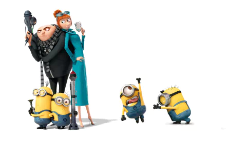 HD desktop wallpaper from Despicable Me 3 featuring Gru, Lucy, and Minions Kevin, Bob, and Stuart in a fun pose.