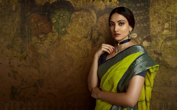 Women Artistic Saree Indian Oriental Painting Necklace Earrings Brunette Brown Eyes HD Wallpaper | Background Image