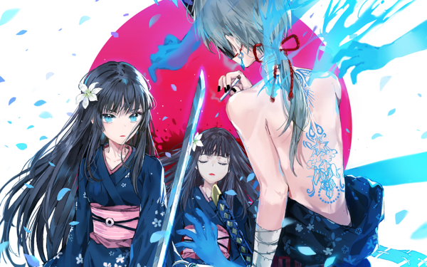 Anime Original Katana Blood Blue Eyes Long Hair Black Hair Flower HD Wallpaper | Background Image