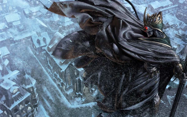 A dark, menacing figure draped in black, with red accents, towers over a snow-covered cityscape, embodying the essence of a fantasy evil demon from Dungeons & Dragons.